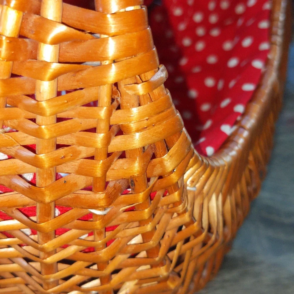 Vintage Wicker Rattan Gathering Gondola Basket Purse Polka Dot Fabric Red